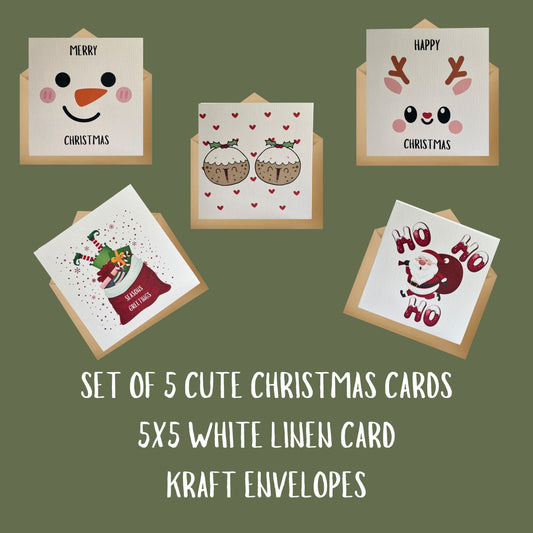 Set Of 5 Cute Christmas Cards